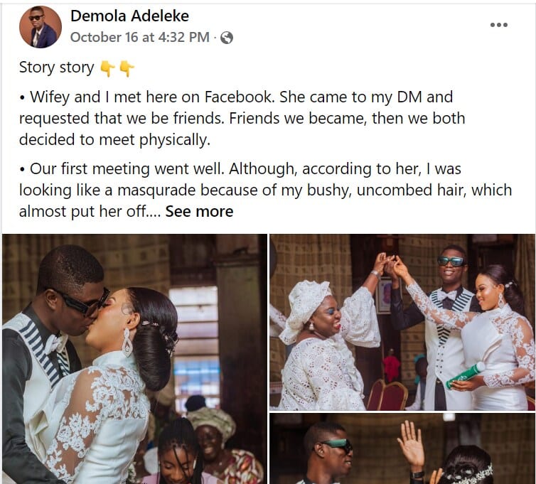 My wife's attraction to me has nothing to do with money, it takes courage to date a blind man - Visually impaired Nigerian man writes after marrying he met on Facebook