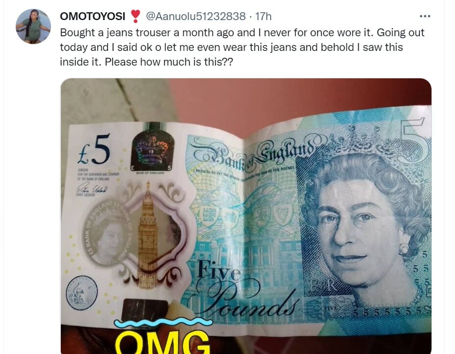 Nigerian lady elated after pulling out a £5 from a jean outfit she bought