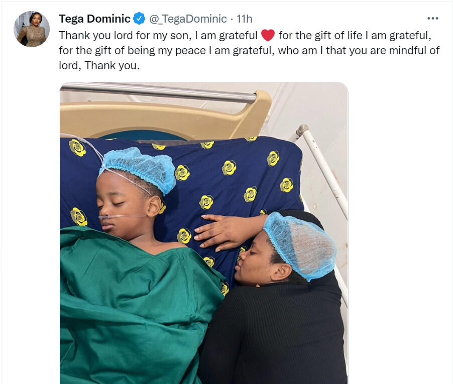 Tega Dominic grateful for life as son is placed on oxygen