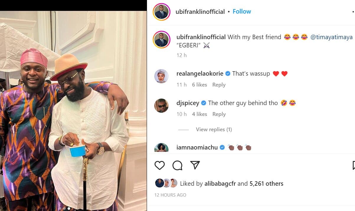 With my best friend - Ubi Franklin hails Timaya as they reunite at Don Jazzy's mother's funeral after social media feud