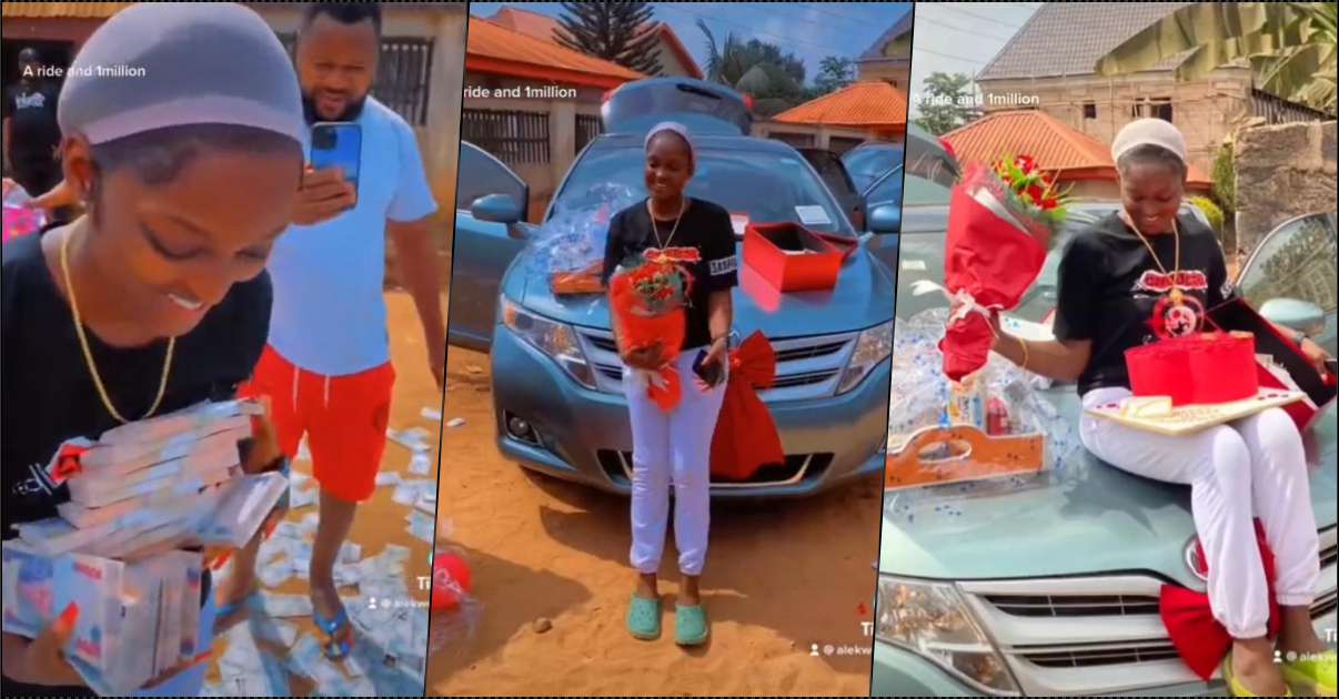 Lady gushes as boyfriend gifts her N1M cash and new car (Video)