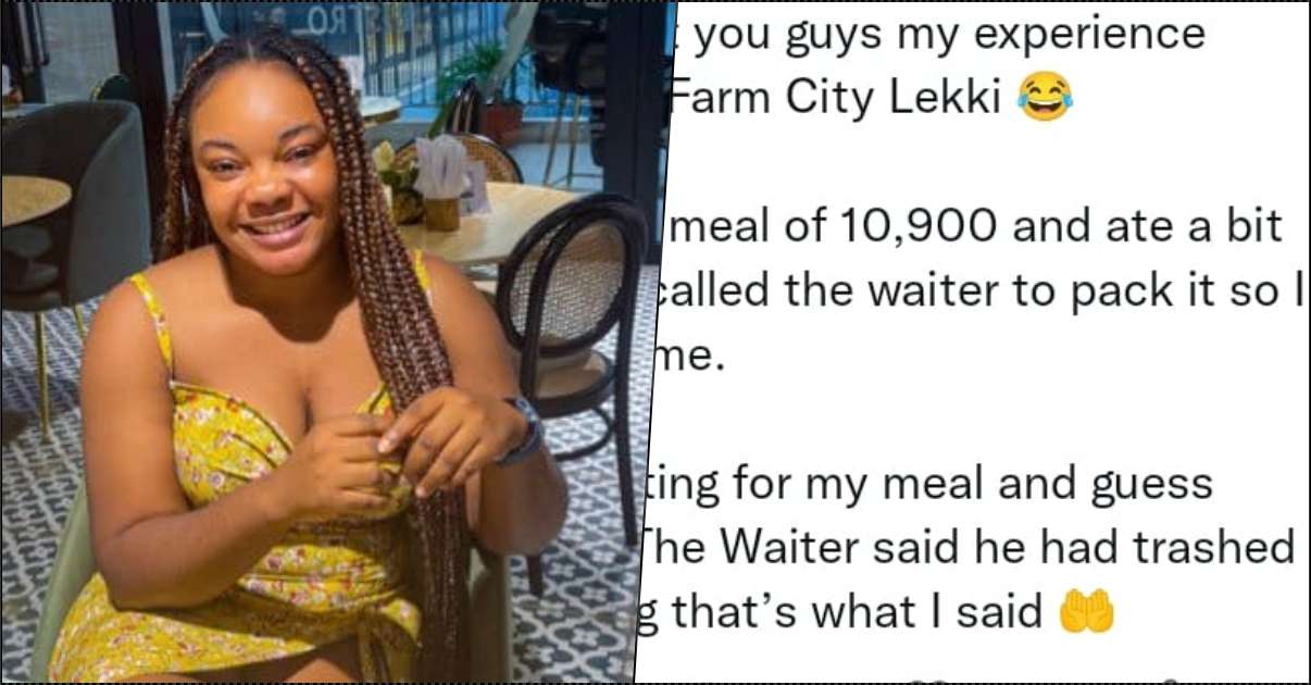 Lady recounts how waiter mistakenly trashed meal of N10k after telling him to package it in takeaway