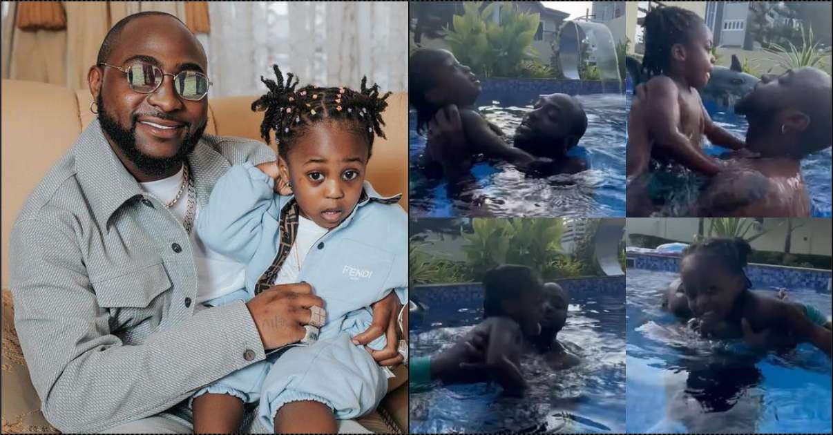 Adorable moment Davido gives Ifeanyi swimming lessons (Video)