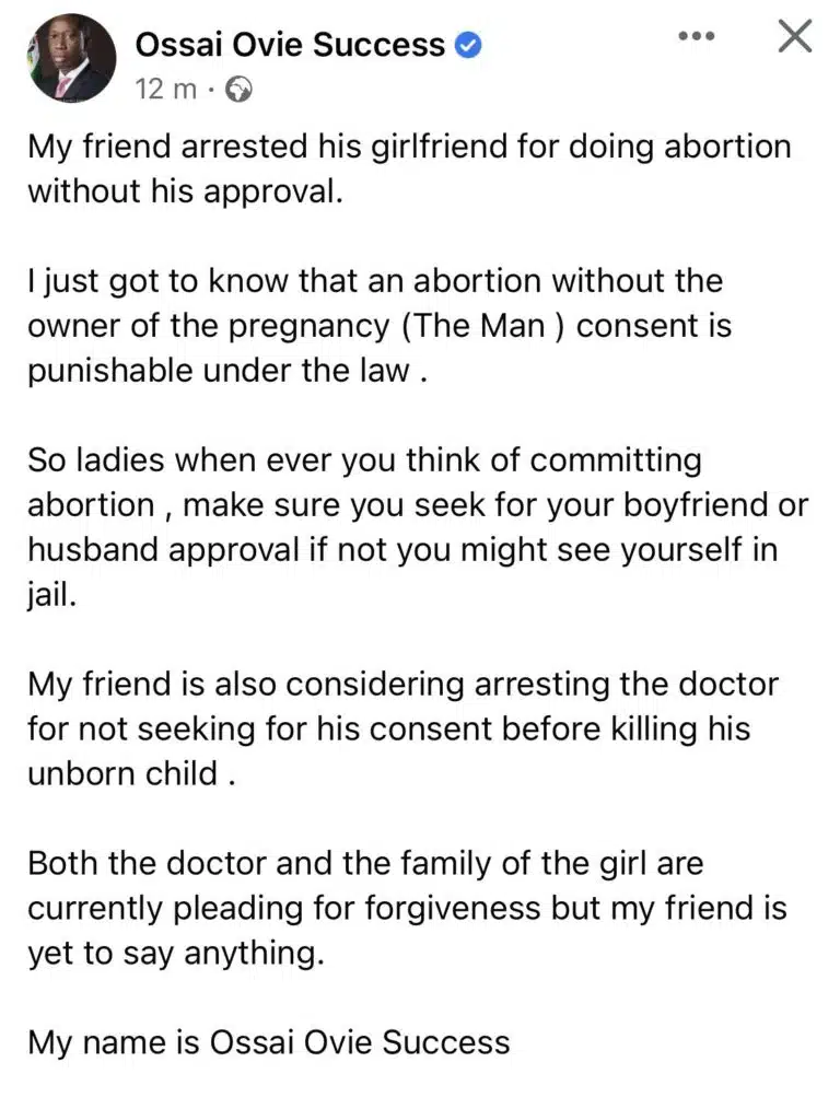 Man arrests girlfriend for aborting their unborn child without his consent