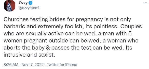 “Churches testing brides for pregnancy is barbaric, intrusive, and sexist" — Feminist fumes