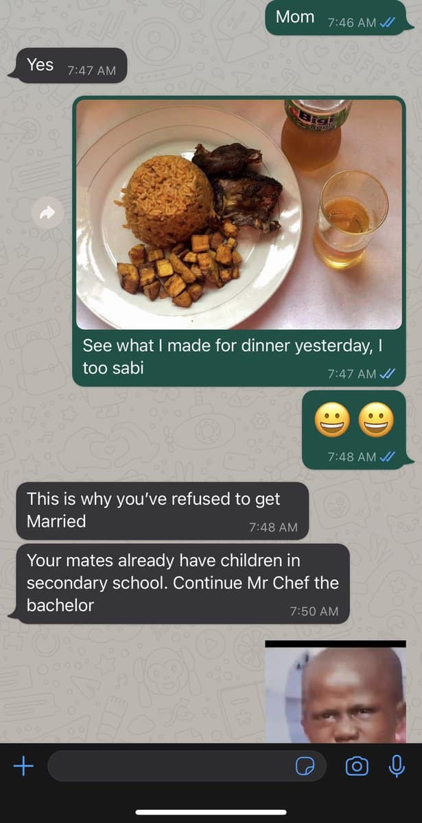 Single man receives clapback from mother after showing off mouthwatering delicacy he made