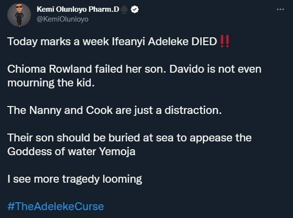 "I see more tragedy looming for Davido" — Kemi Olunloyo insists on location to bury Ifeanyi