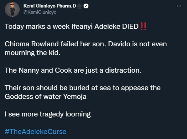 "I see more tragedy looming for Davido" â€” Kemi Olunloyo insists on location to bury Ifeanyi