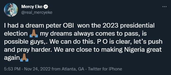 "My dreams always come to pass" — Mercy Eke reveals winner of 2023 presidential election