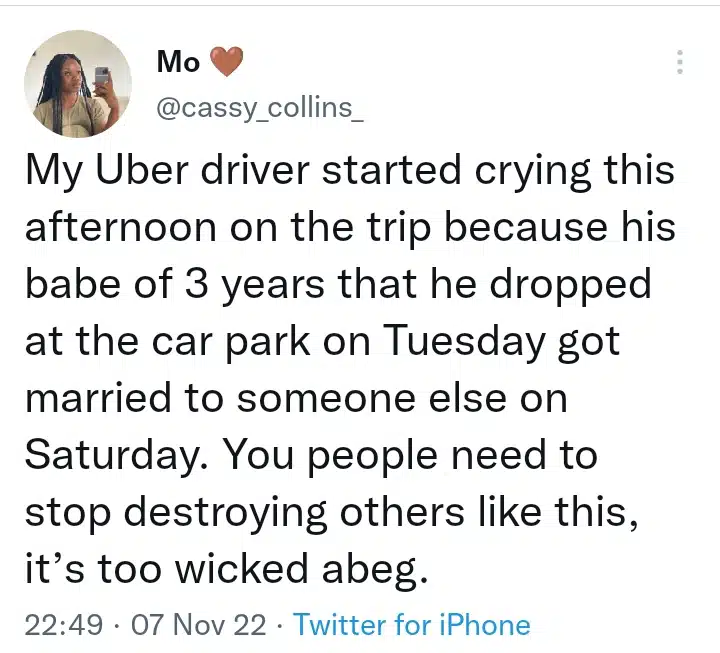 Man drops girlfriend at park not knowing she was traveling for her wedding to another man