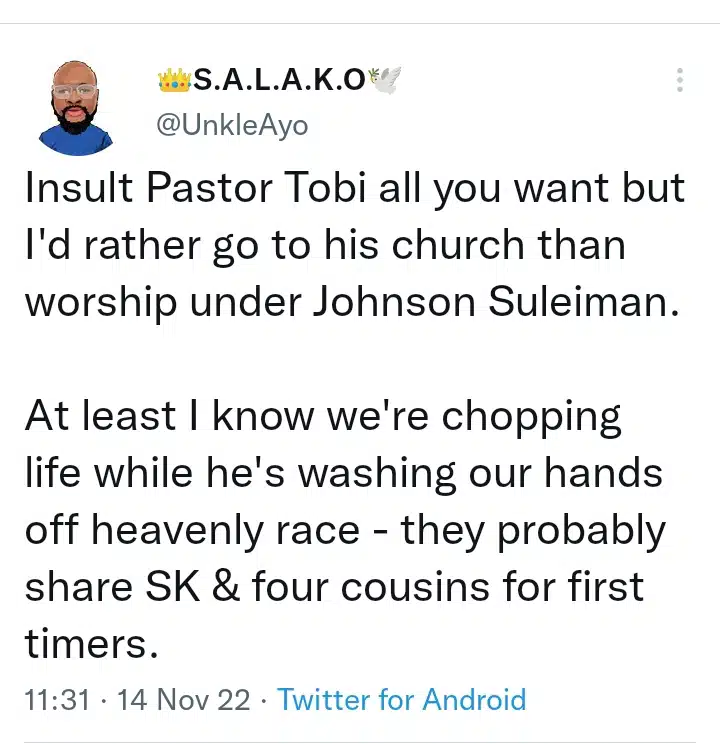 Pastor Tobi than attend Apostle Suleman's church