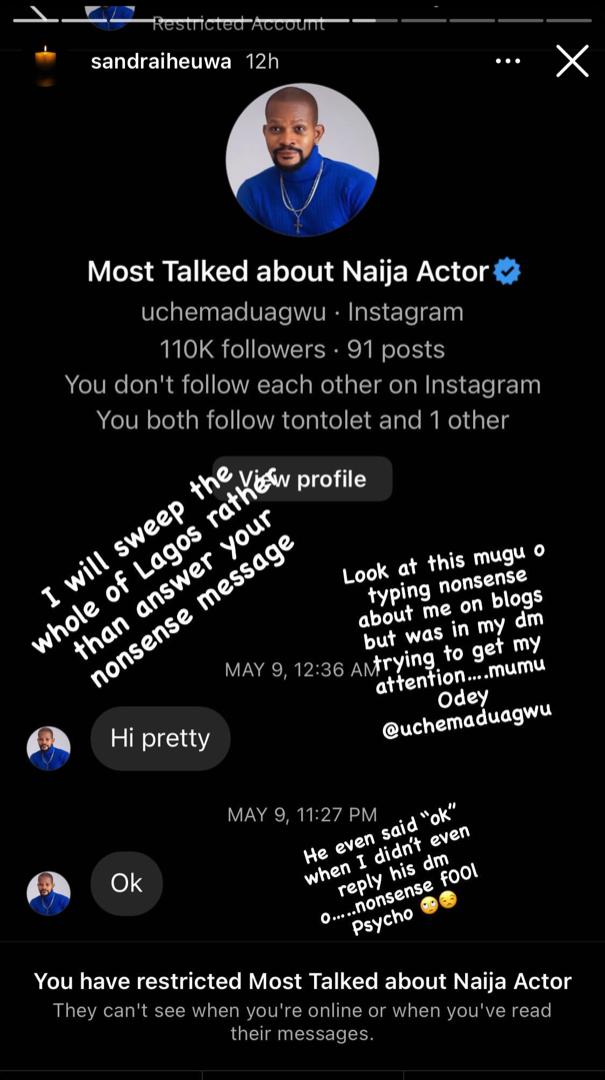 Sandra Iheuwa lambasts Uche Maduagwu for making sweet move to her in DM