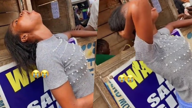 Onlookers gather to support lady acting strange after alighting bike (Video)