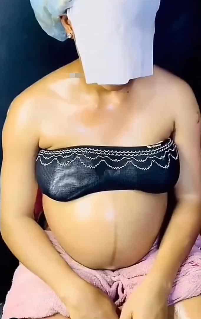 “She doesn’t even care how it may affect the unborn baby” — Reactions as heavily pregnant woman undergoes chemical bleaching (Video)