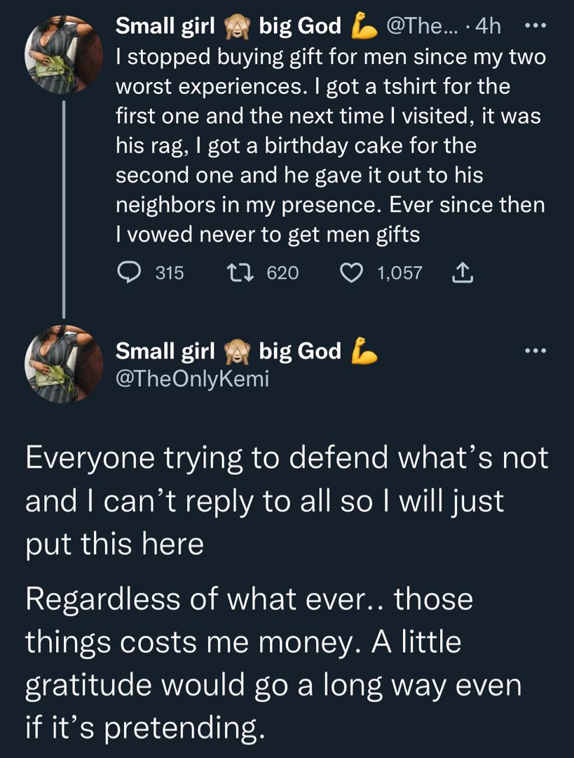 Why I stopped buying men presents — Lady reveals ordeal after shirt and cake gift