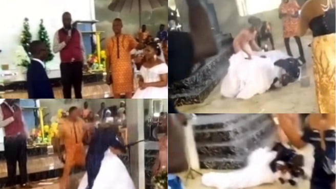 Drama as groom makes a scene when asked to kiss the bride (Video)