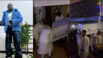 Portable makes grand entrance at show in white coffin (Video)