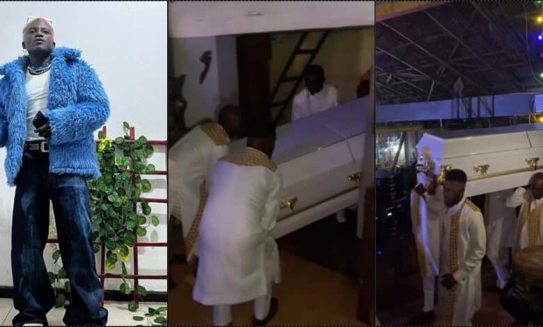 Portable makes grand entrance at show in white coffin (Video)