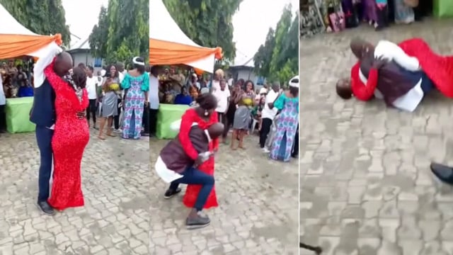 Groom collapses following attempt to carry bride on their wedding (Video)