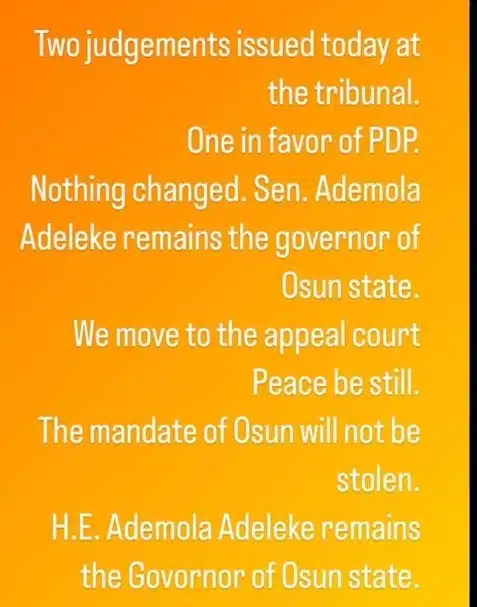 "Oyetola, go and rest; Osun people don't want you" — Ademola Adeleke's son reacts to father's sack (Video)
