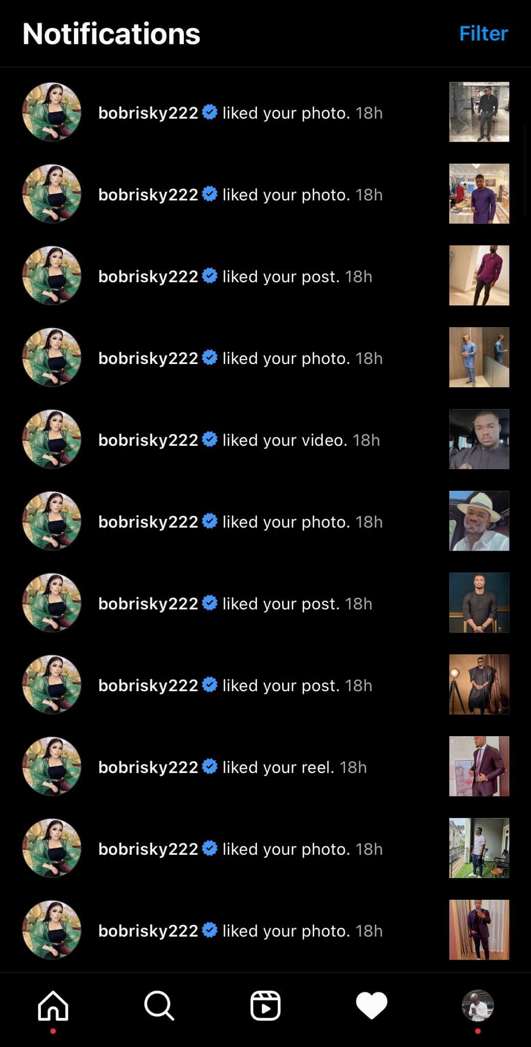 Man raises alarm as Bobrisky floods his photos with likes