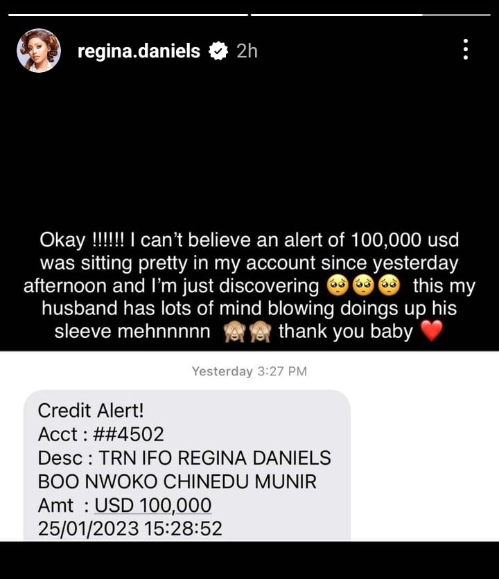 Regina Daniels flaunts $100k alert from husband, Ned Nwoko