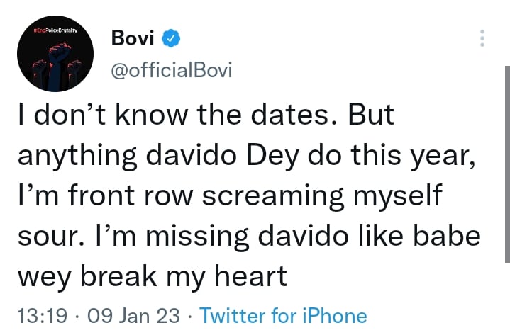 “I’m missing Davido like babe wey break my heart” – Bovi says opens up on what he’d do at singer’s next show