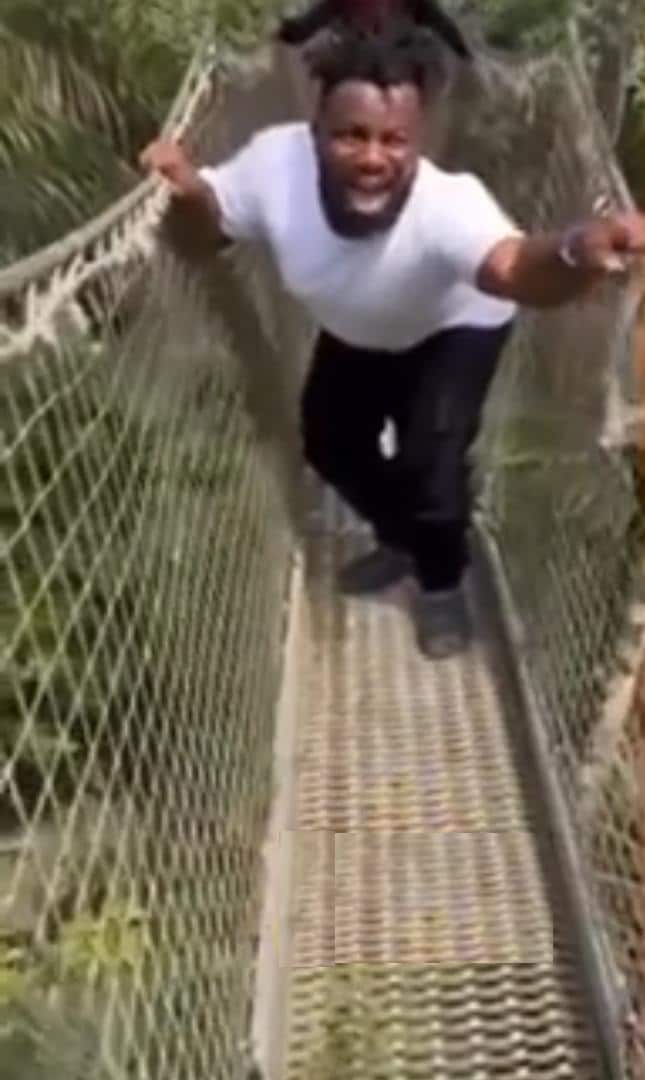 Moment Sabinus panicked during canopy walk in Lagos (Video)