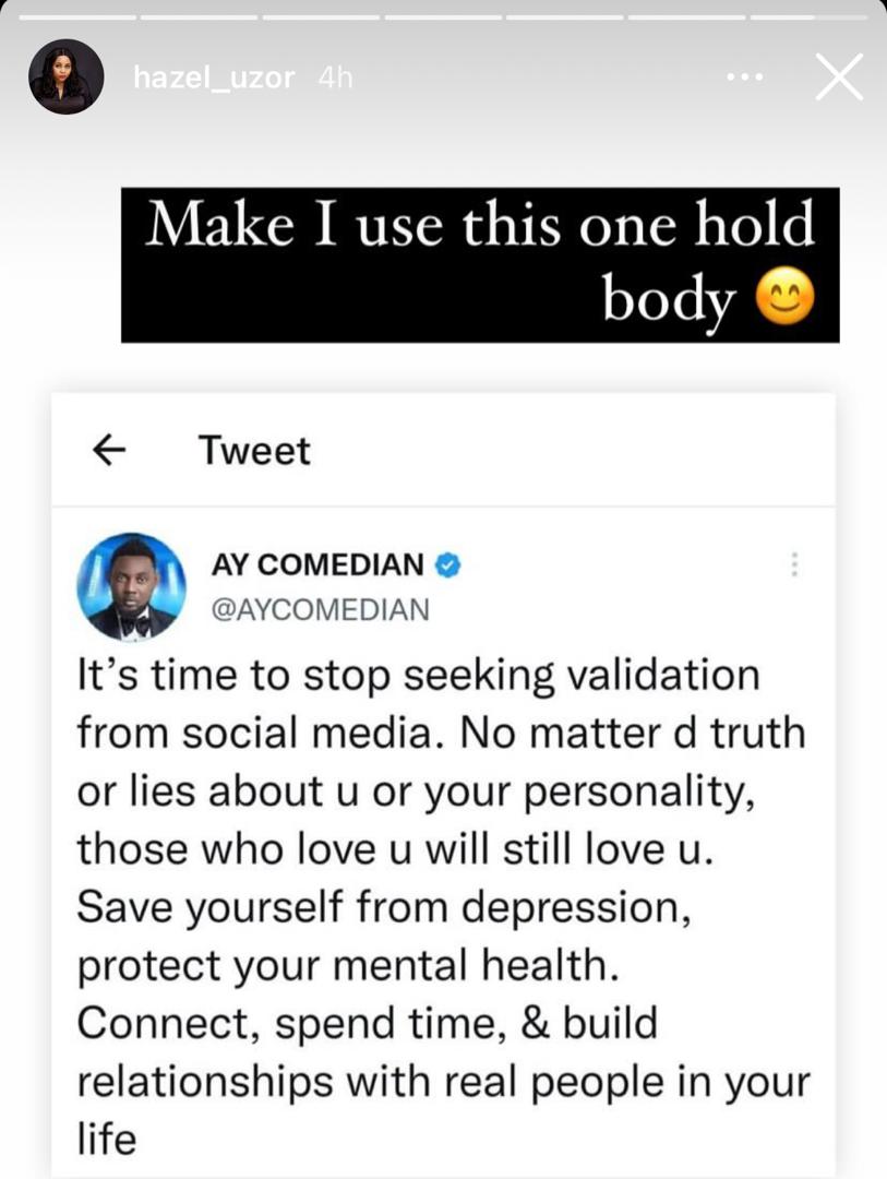 Nedu's ex-wife reacts to AY Makun's post about seeking validation on social media