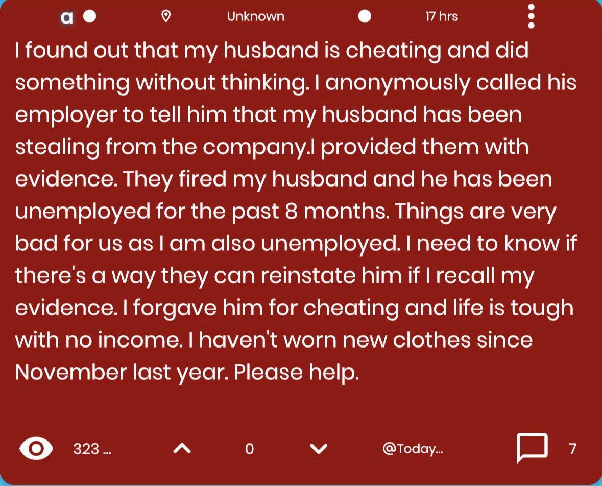 Woman cries out over poverty after getting her cheating husband sacked at work