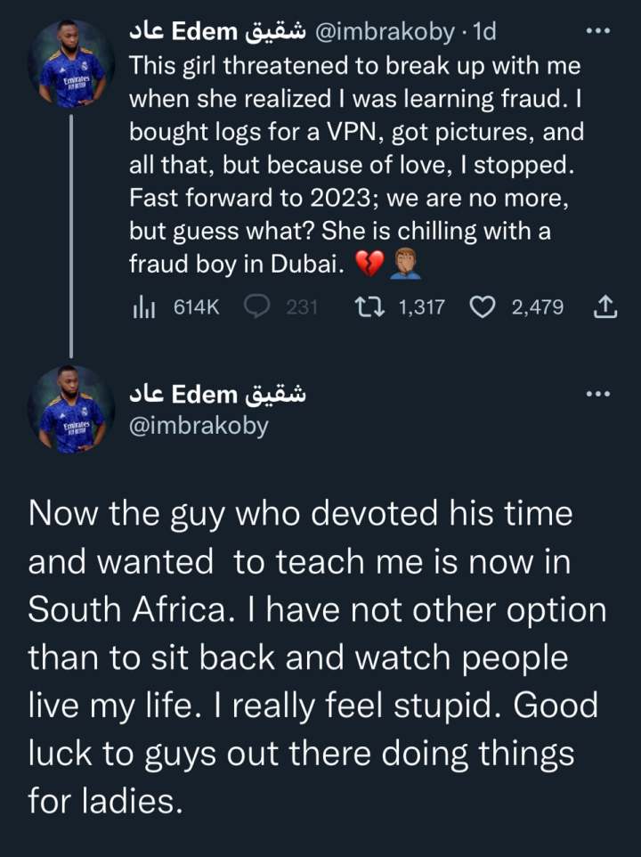 Man regrets quitting yahoo for girlfriend who later dumped him for a yahoo boy