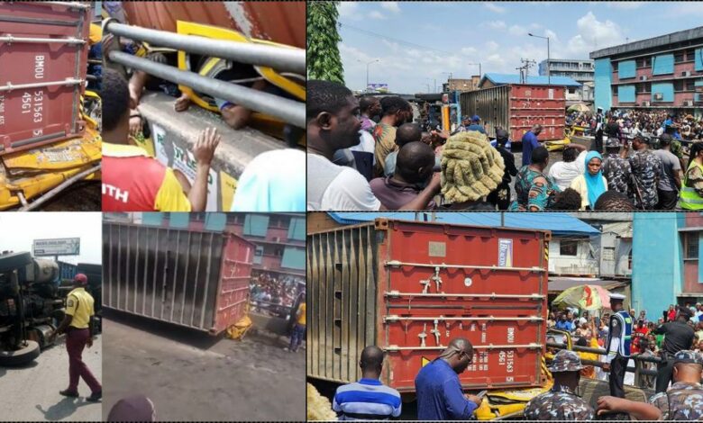 Nine dead, one rescued as container falls on a bus in Lagos (Video)
