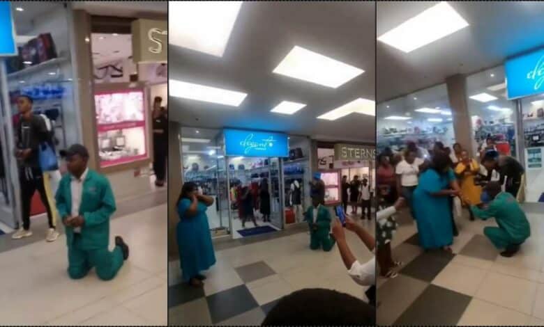 Romantic moment elderly man proposes to his partner at mall (Video)