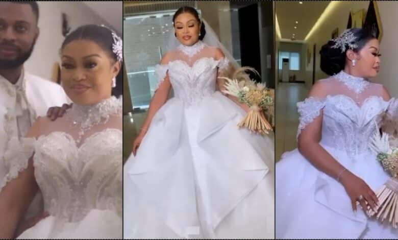 Nkiru Sylvanus steps out elegantly at her white wedding (Video)