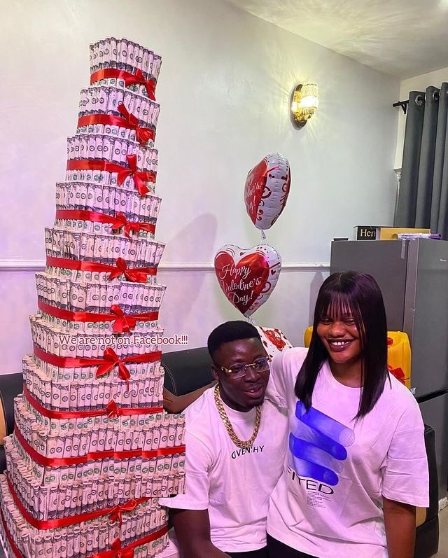 Lady gifts boyfriend $650 money cake, 50 liters fuel, and others for Valentine (Video)