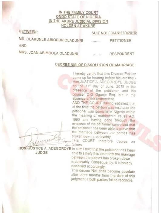 Churchill Olakunle’s leaks divorce petition to estranged wife, Bimbo