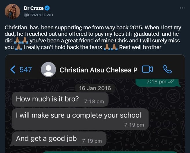 He paid my school when I lost my dad — Craze Clown mourns Christian Atsu