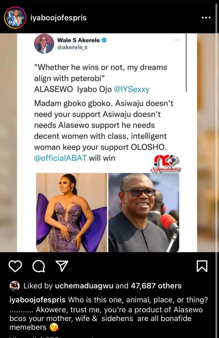 Actress Iyabo Ojo Claps Back At Troll Who Called Her 'Ashawo' For Supporting Peter Obi  