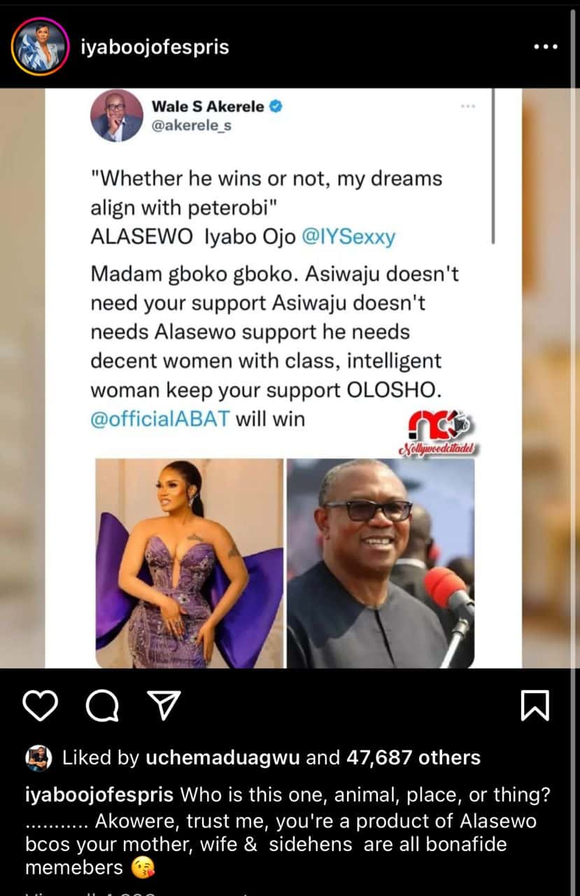 Iyabo Ojo lambasts troll who called her 'ashawo' for supporting Peter Obi