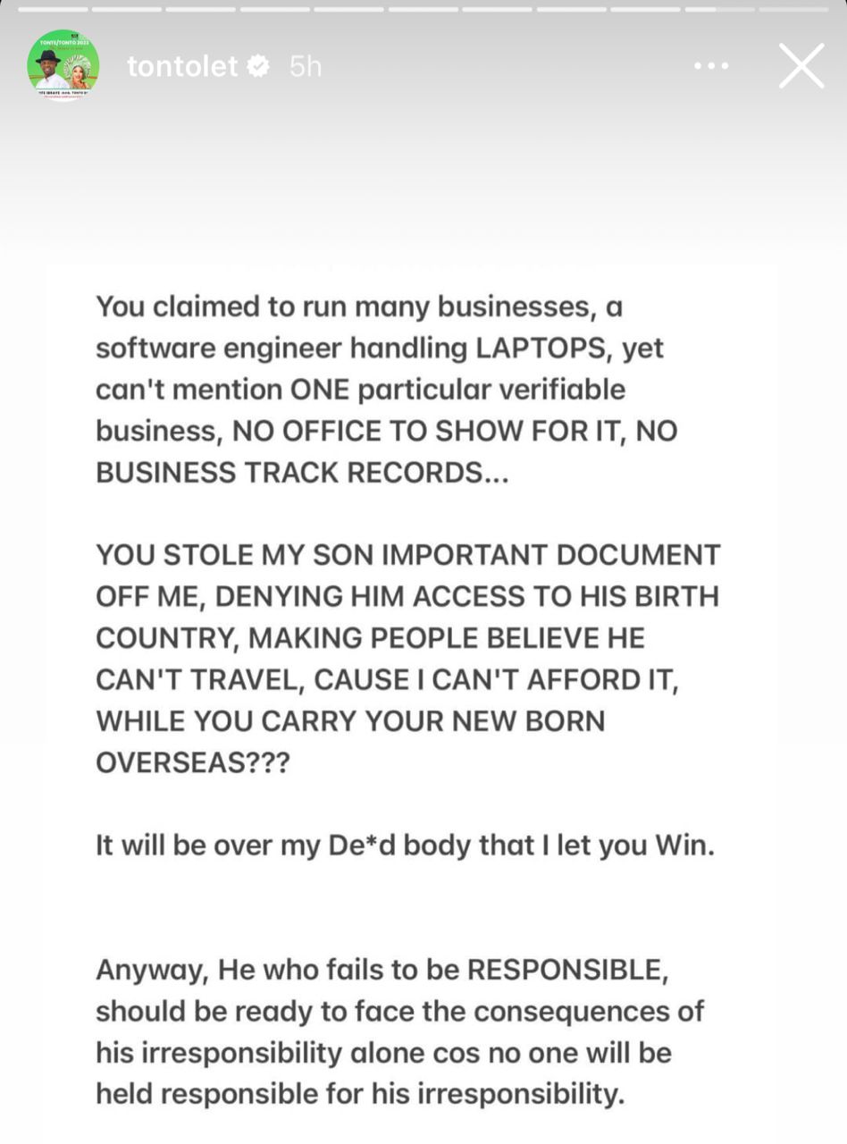 "It will be over my dead body that I let you win" — Tonto Dikeh bashes Churchill