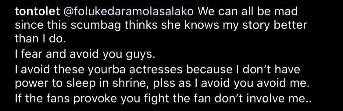 You?re a fat fool. I avoid Yoruba actresses because I don?t have power to sleep in the shrine - Tonto Dikeh slams Foluke Daramola for taking sides with Churchill