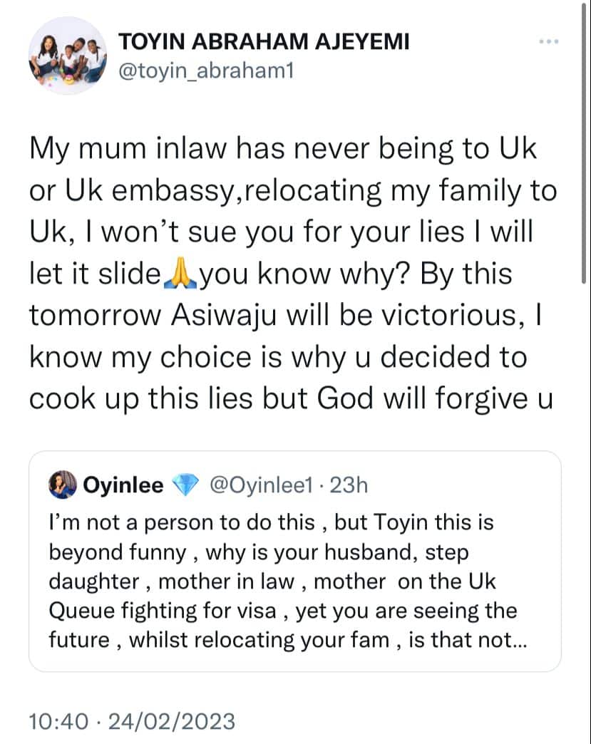 Toyin Abraham reacts to claims of securing UK visa for her family despite supporting Tinubu