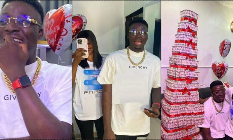 Lady gifts boyfriend $650 money cake, 50 liters fuel, and others for Valentine (Video)