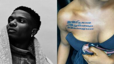 Lady gets tattoo of Wizkid's full name on her chest
