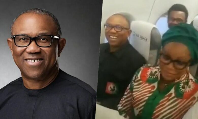 Peter Obi hailed as he flies economy with his wife and campaign team (Video)