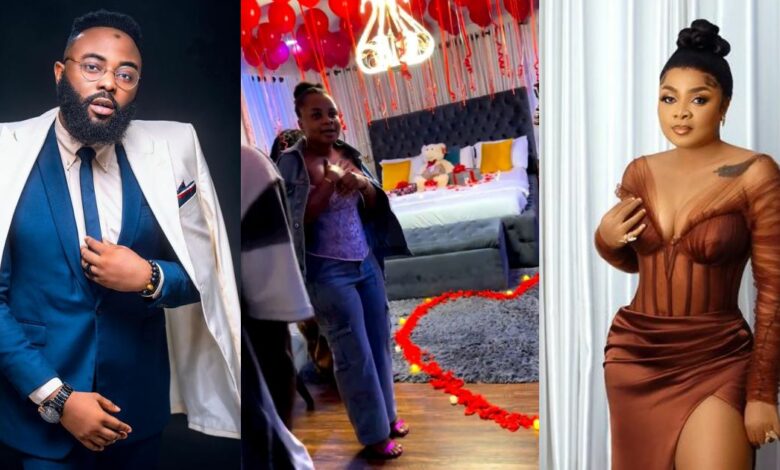 VJ Adams makes relationship with Bimbo Ademoye public with romantic birthday surprise (Video)