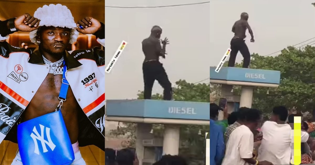 Reactions as Portable climbs atop filling station to perform for fans (Video)