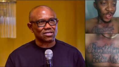 'Obidient' declares Peter Obi as president, tattoos his name on his chest (Video)