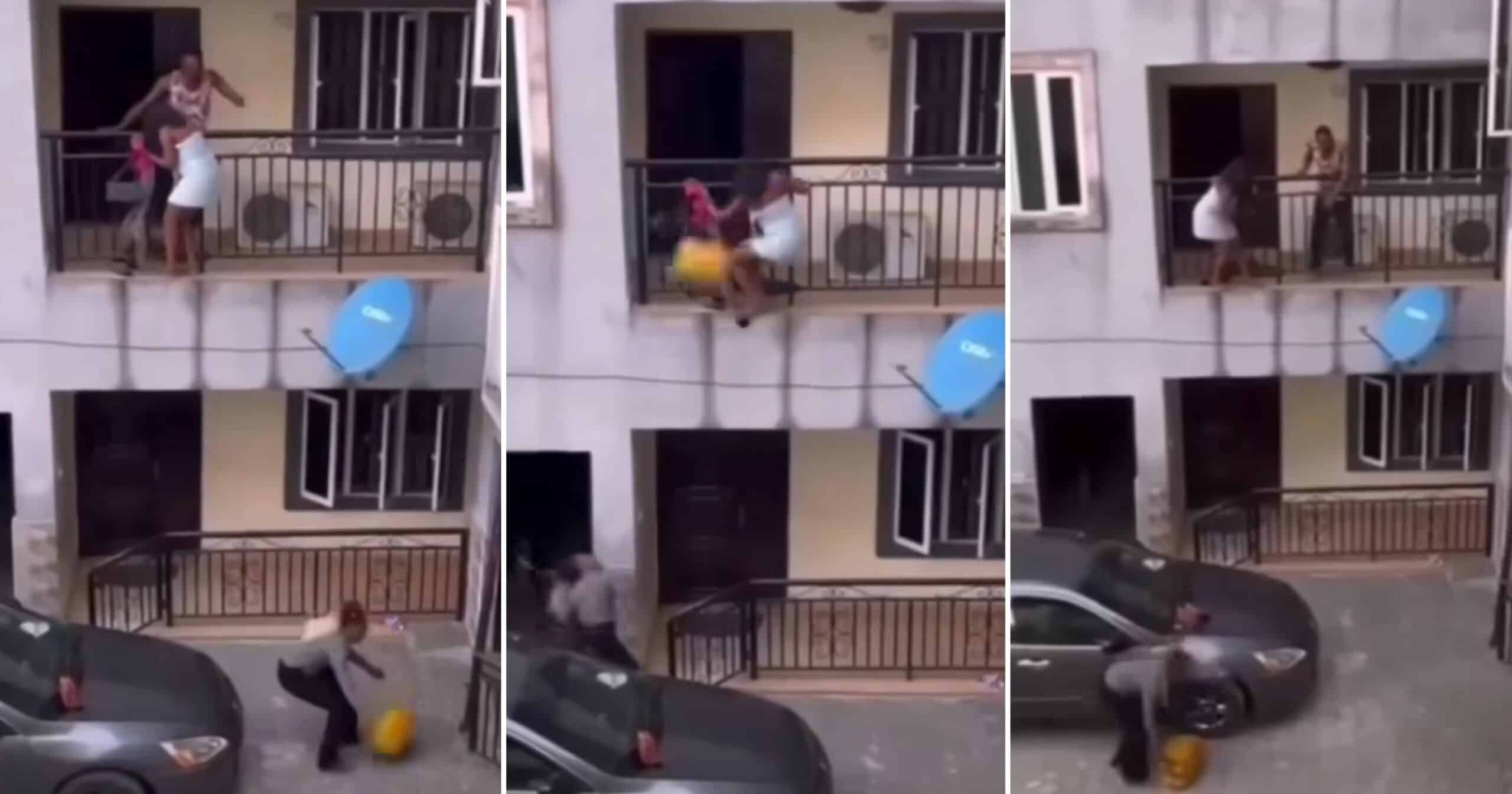 “Please forgive me, it’s my first time” – Side chick begs as wife forces her to jump down storey building after nabbing her with husband