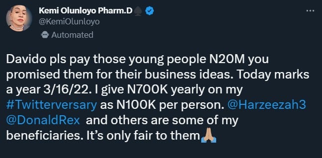 Kemi Olunloyo ridiculed for calling out Davido over N20M pledge